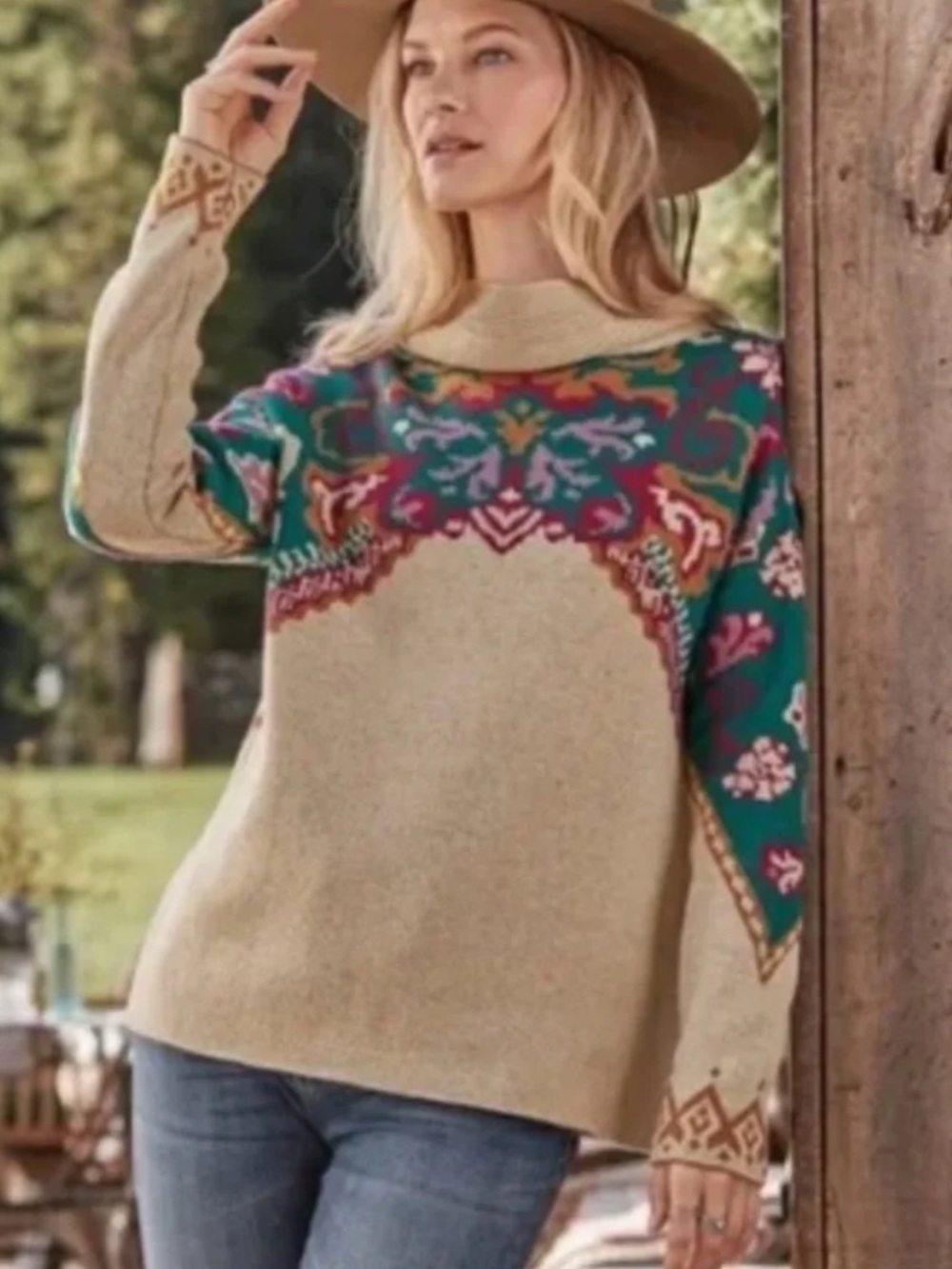 Sundance Journey East Southwestern Jacquard Knit Mock Sweater Tan Teal Wool-L